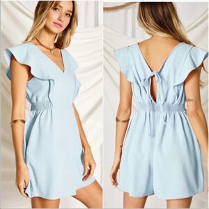 Powder Blue Ruffle Sleeve Romper | Summer Boho Chic V-Neck Outfit